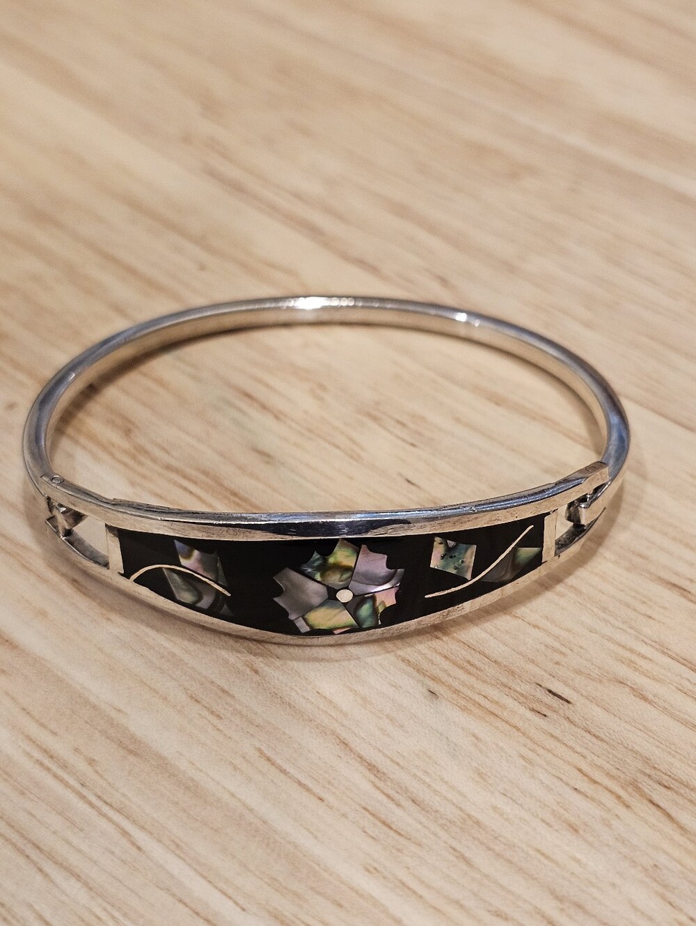 Silver Abalone Inlay Bangle Bracelet - Multicolor